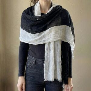 Grey White Silver Metallic Scarf Wrap Boho Lightweight Crinkle Fringe Shawl